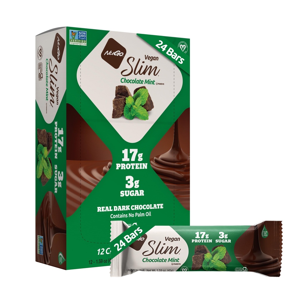 Nugo Slim Dark Chocolate Mint, 18g Vegan protein, 3g Sugar, 6g Fiber, Low Net Carb, Keto Friendly, Gluten Free, 24 Count