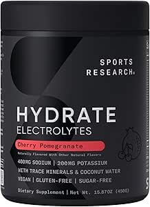 Sports Research® Hydrate Electrolytes Toz - Sugar-Free & Natural Flavored with Vitamins, Minerals, and Coconut Water - Destekler Hydration - Cherry Pomegranate - 90 Hizmetler