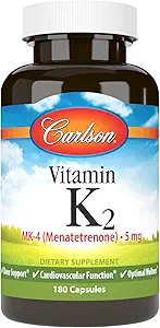 Carlson - Vitamin K2, MK-4 (Menatetrenone), Vitamin K Supplement, Bone & Heart Health, K2 Vitamin, Soy-free, Vitamin K-2, K2 Vitamins, 180 Capsules