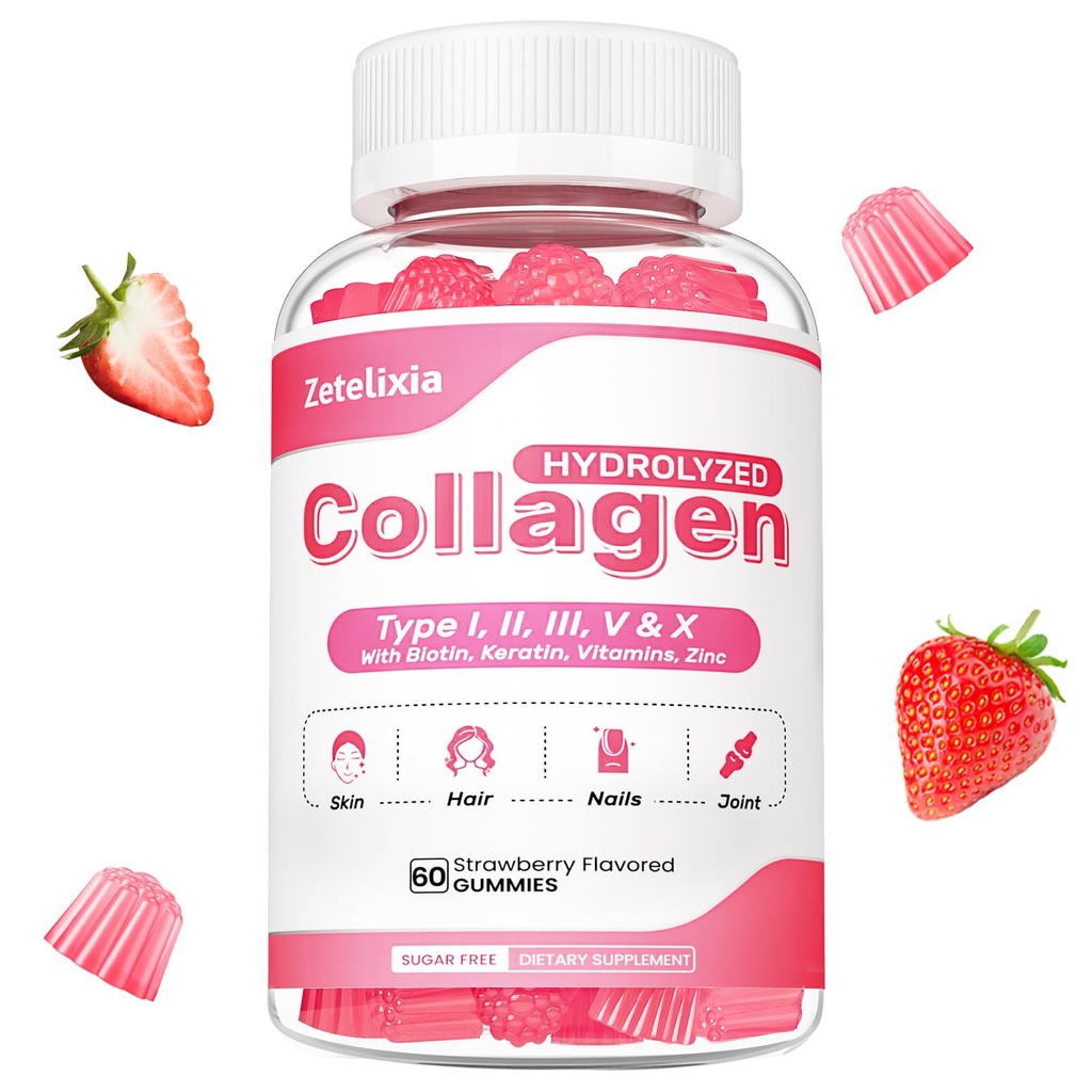 Kadınlar için Collagen Gummies, Hydrolyzed Collagen Peptide Type I,II,III,V,X with Biotin, C A B D E for Skin Hair Nails J0ints, Immunity Energy Digestion, Sugar Free, 60