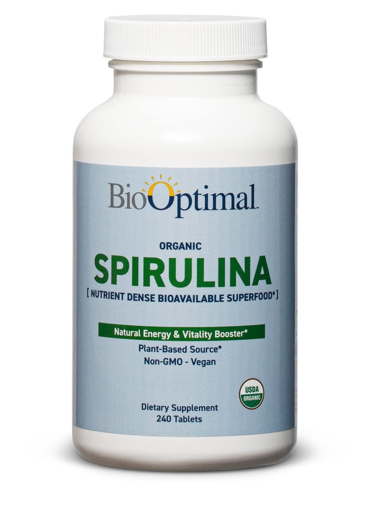 BioOptimal Organik Spirulina Tabletleri - Organik, Non-GMO, Hiçbir Katkı veya Ayırmacılar - Vitaminlerle 500 mg Premium Kalite Diyet Supplement, Minerals, & Antioksis (240 Tablet)