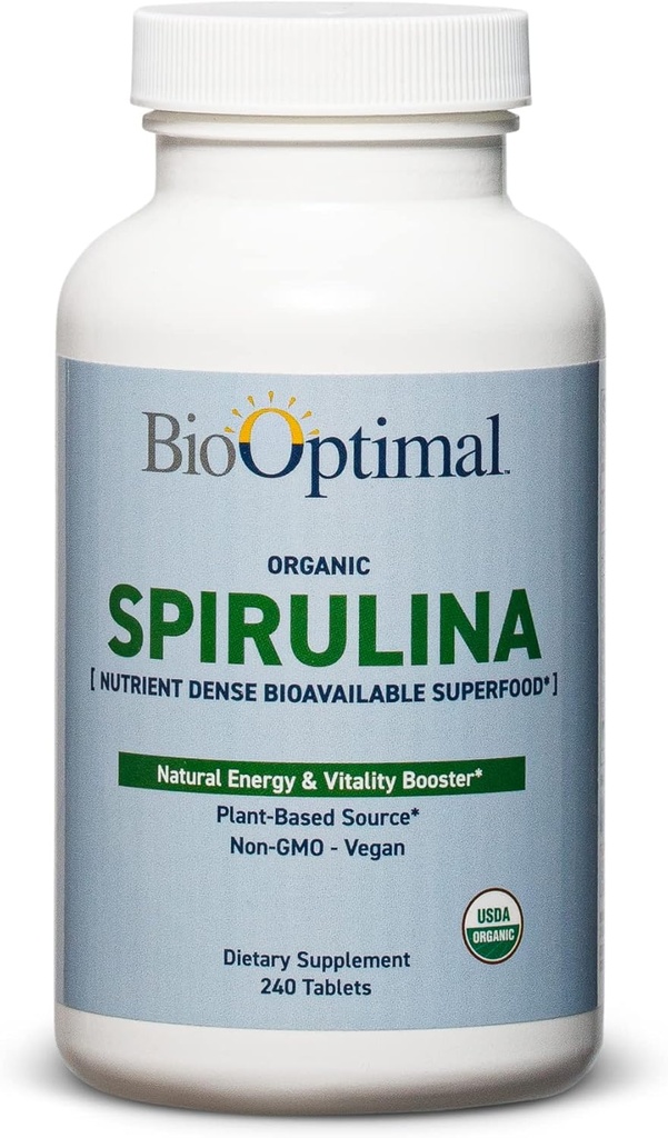BioOptimal Organik Spirulina Tabletleri - Organik, Non-GMO, Hiçbir Katkı veya Ayırmacılar - Vitaminlerle 500 mg Premium Kalite Diyet Supplement, Minerals, & Antioksis (240 Tablet)