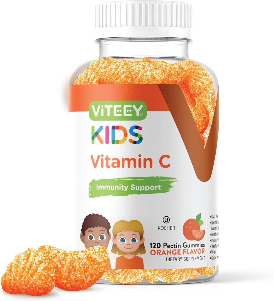 Viteey Kids C Gummies - Immune Support for Kids, Toddlers, & Young - Vegan, Gelatin Free, Gluten Free, GMO Free - Tasty Chewable Orange Flavored Immunity Gummy