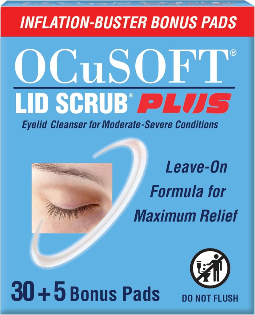 OCuSOFT Lid Scrub PLUS 35 - Pre-Moistated Leave-On Eyelid Wipes for Moderate to Severe conditions - Moisturing Eyelid Cleanser for maximum Relief - Count 35