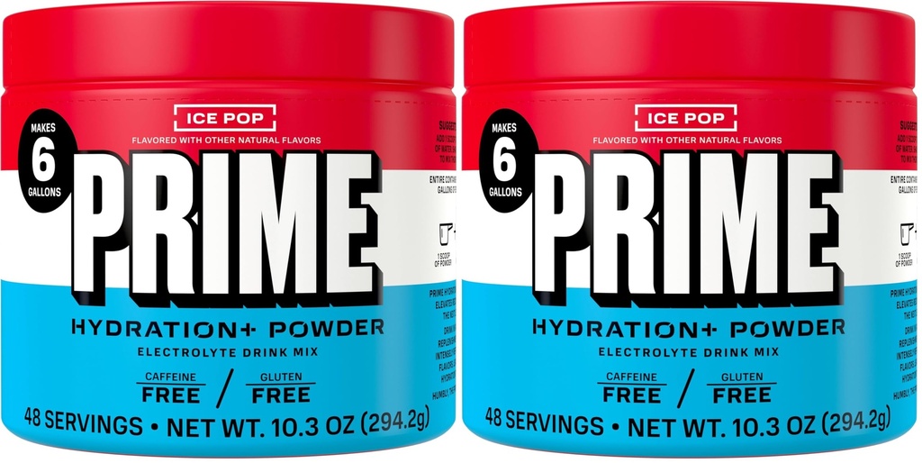 PRIME HYDRATION+ Electrolyte Powder, Ice Pop, Sugar Free Hydration Drink Mix with Potassium, Magnesium & B Vitamins to Replenish Fluids, Caffeine Free, 6 Gallon Tub, 48 SRV (Pack of 2)