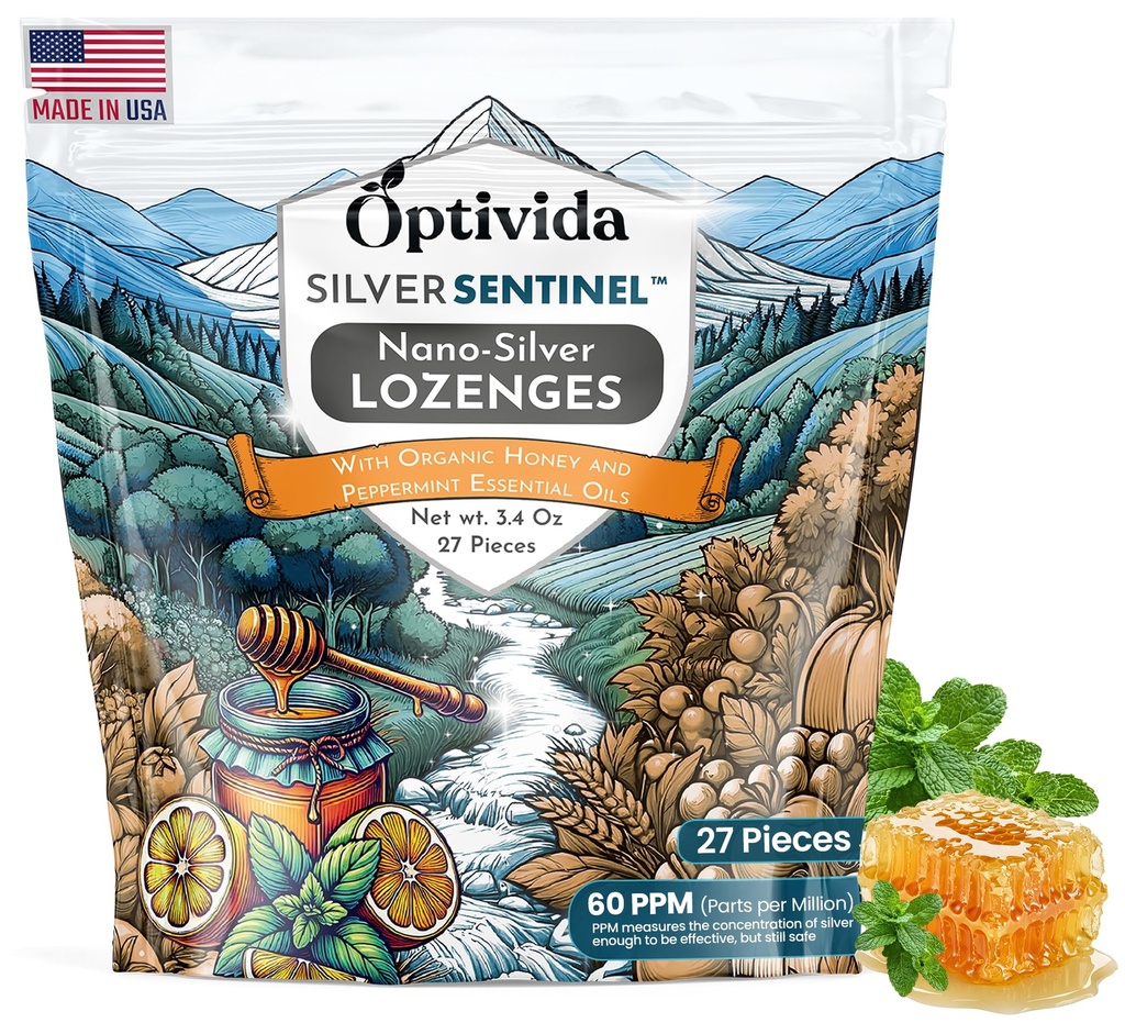 OPTIVIDA Υγεία Κολλοειδής Ασημί Lozenges με Μέλι & Λάδι Λεμόνι (1 Pack) - Καταπραϋντικό Λαρύγγι Λοτζάνια για Ενήλικες με Αρωγή Βήχα & Γρήγορη Δράση Nano Silver Formula για Ανοσολογική Υποστήριξη, 60 Ppm