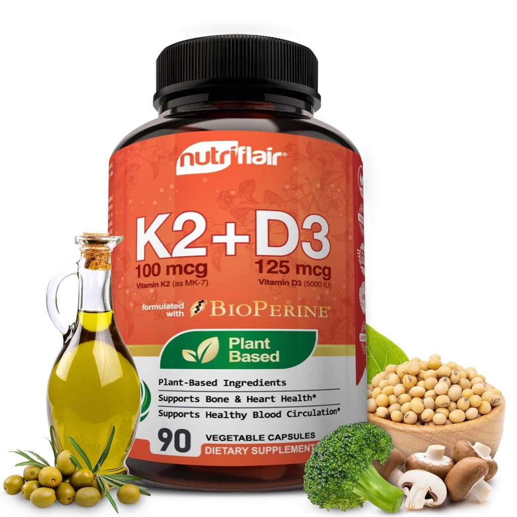 NutriFlair Vitaminleri D3 (5000iu/125mcg) + K2 (Mk7) - Bitki bazlı Malzemeler ile Yapılmış Malzemeler Plus BioPerine Black Pepper Ekstraksiyonu, 90 Capsules - Sağlıklı Immune, Kalp ve Sağlık - Sigara içilmeyen