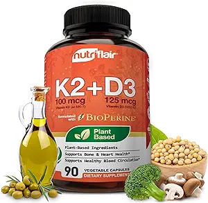 NutriFlair Βιταμίνες D3 (5000iu/125mcg) + K2 (ως Mk7) - Φτιαγμένο με Φυτικά Βασισμένα Συστατικά Plus BioPerine Black Pepper Extract, 90 Κάψουλες - Υποστηρίζει Υγιεινό Ανοσοποιητικό, Καρδιά και Υγεία - Μη-GMO χάπια
