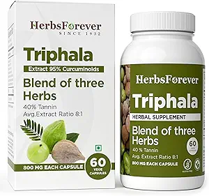 Herbsforever Triphala Capsules Extract Oranı (8:1)% 40 Amla, Haritaki & Bibhitaki for Daily Detoxating, Cleansing, & Rejuvenating 60 Vege Capsules