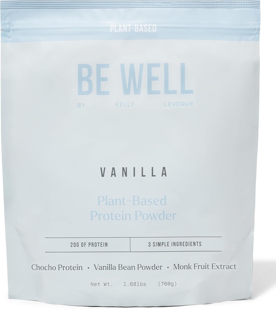 Be Well by Kelly Vanilla Plant-based Protein Powder, Vegan 20G Protein 8G Fiber 0 Καθαρό υδατανθράκων (3 Συστατικά, 20 σερβιρίσματα) 9 Αμινοξέα+3 BCAAs No Soy, No Dairy, Stevia-Free, No Sugar Added 1.68lb 760g