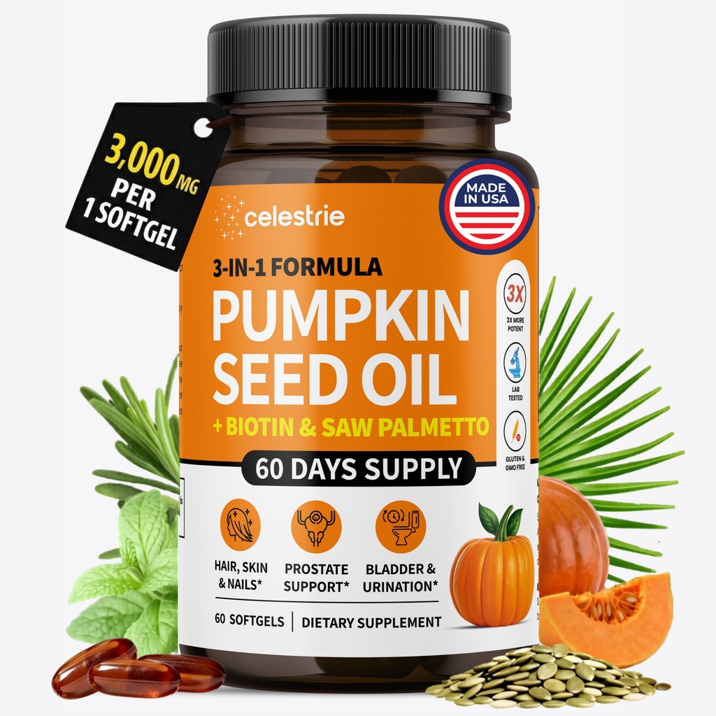 3-in-1 Pumpkin Seed Oil with Saw Palmetto Capsules (3000mg/softgel) + Biotin for Hair Growth, Radiant Skin, Prostate, Bladder, Immune & Urinary Support, Essential Fatty Acids & Vitamins, 60 Day Supply