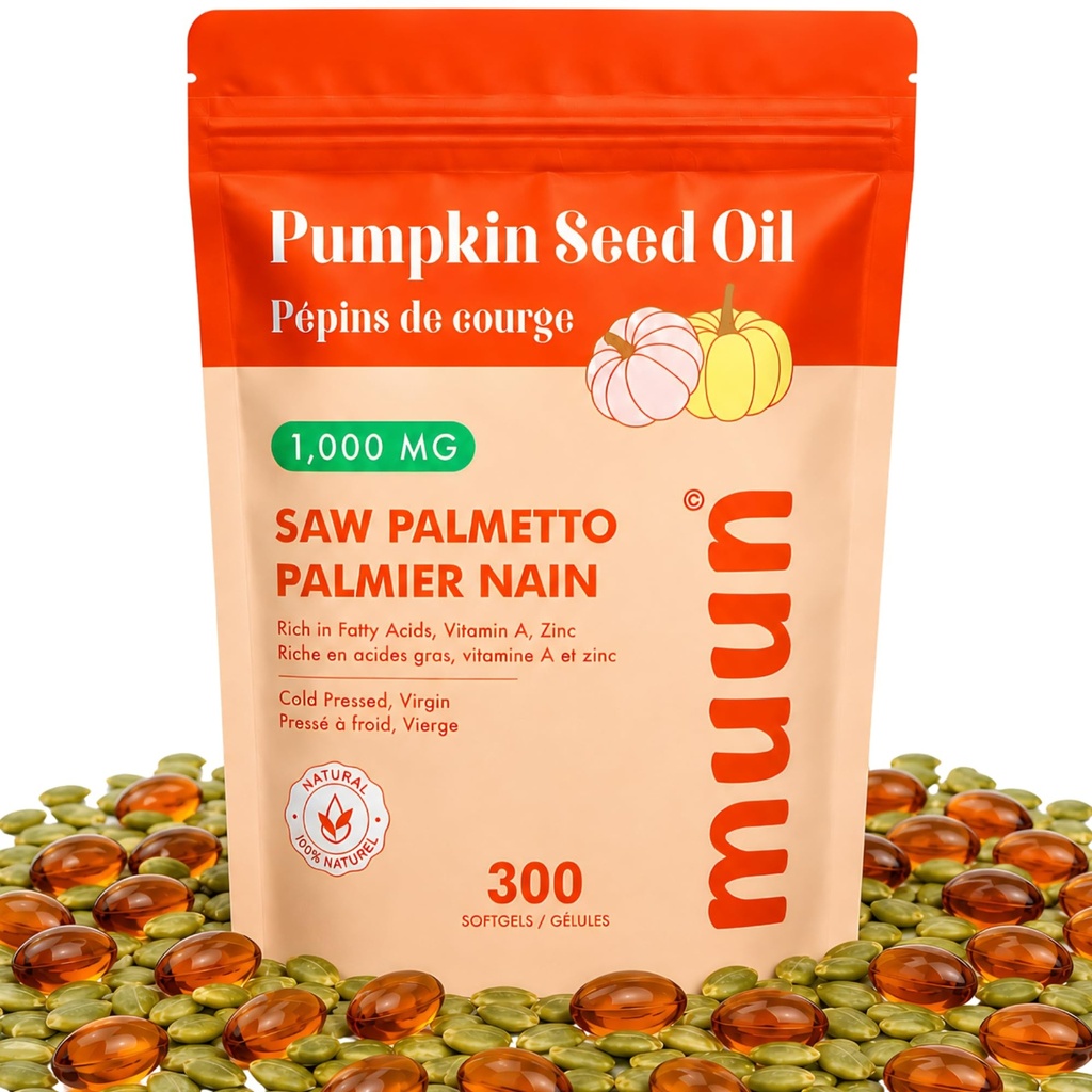 Muun Pumpkin Seed Oil with Saw Palmetto 300 Softgels - 1000 MG, Cold Pressed, Pure Virgin Oil, Essential Fatty Acids & Phytosterols, Supports Hair, Urinary, Bladder & Prostate Health