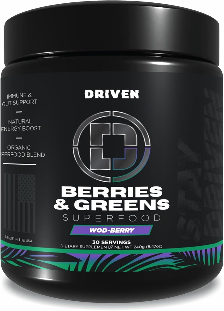 Driven B&G Berries & Greens Superfood Powder, 30 Servings - Organic Plant-Based Formula with Probiotics & Digestive Enzymes -Supports Recovery, Healthy Digestion, and Immune Function