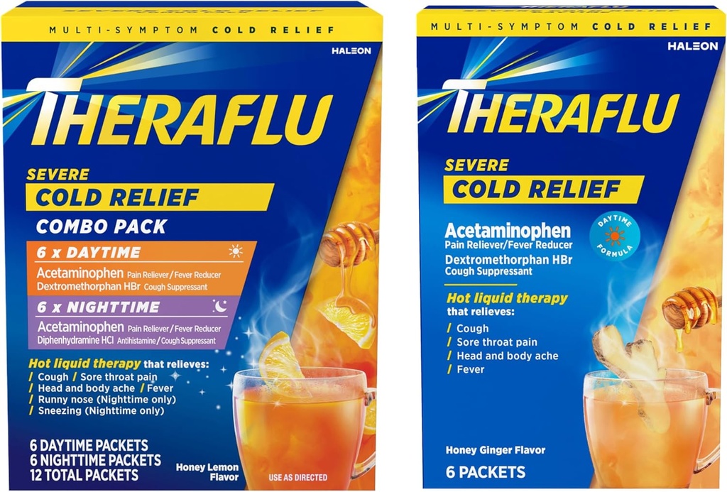 Theraflu Severe Cold Relief Hot Liquid Toz Combo: 12ct Daytime/Nighttime Honey Lemon Flavor + 6ct Daytime Honey Ginger Flavor