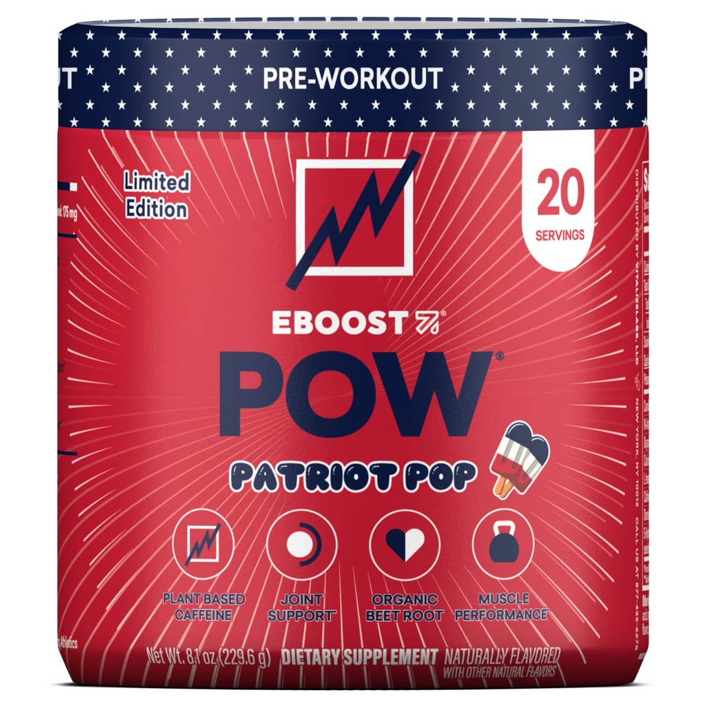 EBOOST POW Natural Pre Workout Powder - 20 Servings - Patriot Pop - Pre Workout Supplement for Performance, Joint Mobility Support, Energy, Focus - Men & Women - Non-GMO, Gluten-Free, No Creatine