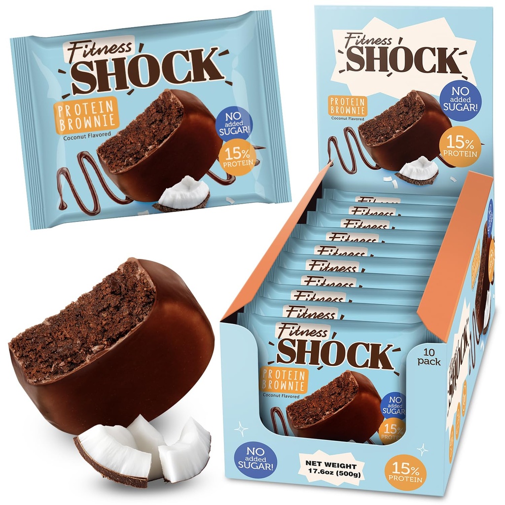 Fitness SHOCK Coconut Protein Brownie - No Added Sugar, 7.5g Protein, Low Carb Guilt-Free Dessert - 0g Added Sugar, 10g Net Carbs, 5g Fiber, Non-GMO, Almond Flour - 10 x 50g
