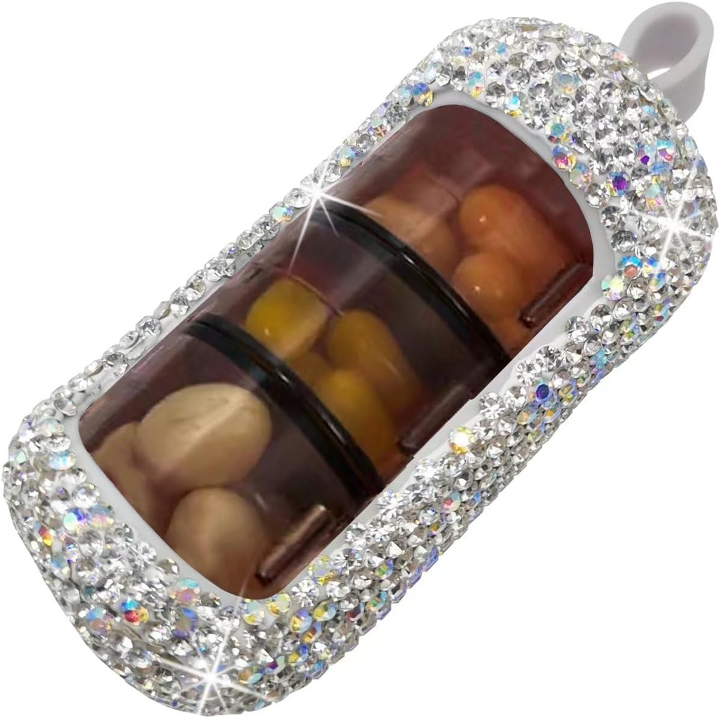 Bling Pill Organizer - Χαριτωμένο και Compact Pill Box για Purse - Tylish Pill Υπόθεση με Sparkling Design - Travel-Friendly Medicine Holder - Slide in/Out Design Pill Organizer (Silver)