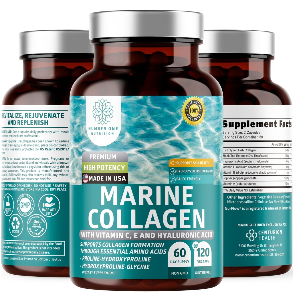 Premium Marine Collagen Diptes with Hyaluronic Acid, Vitamin C, Theaflavin and Copper, Collagen Supplement for Women and Men for Radiant Skin, Hair & Nails, Gluten Free and Non-GMO, 120 Veg Caps