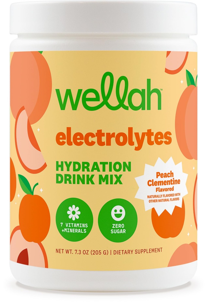 Wellah Electrolytes Powder (Peach Clementine) 50 Servings - Hydration Drink Mix, 7 Vitamins & Minerals, Zero Sugar