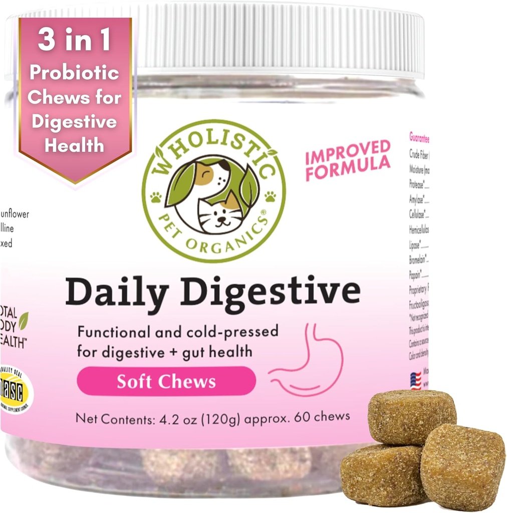 Wholistic Organics Pet: Probiotic Chews for Dogs Digestive Health - 60 Count - Probiotics Dog and Digestive Enzymes - Υποστήριξη για την υγεία των ορνίθων Ανοσοποιητικό συμπλήρωμα Αποτρέπει τα προβλήματα Digestive Dog