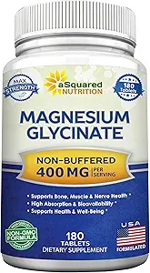 ASquared Beslenme Magnezyum Glycinate 400 mg - 180 Tablet - Max Strength Magnezyum Bisglycinate Supplement -Maximum Bioavailability & Abxia-Non-GMO - Buffered-Depres, Bones & Heart