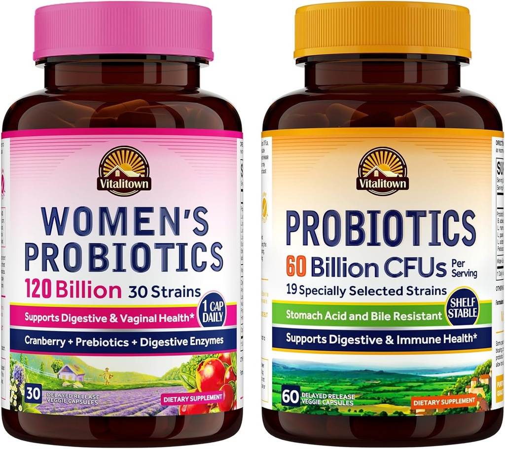 Vitalitown Probiyotik Sche (Pack of 2) | Women's Probiyotiks 120 Milyar (Item 1) & Probiyotiks 60 Milyar (Item 2) | Raf Stable | Digestive & Women's Health | 30 Her Şeye Hizmet Ediyor