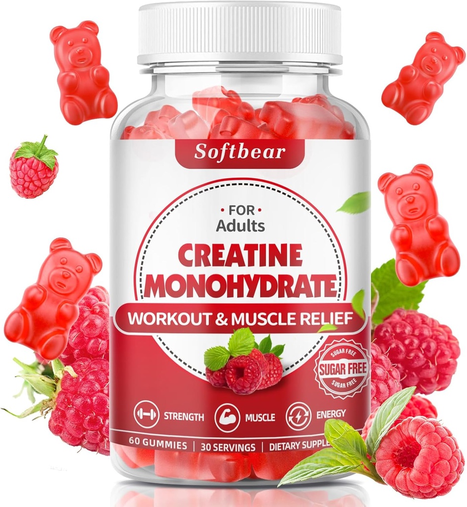 softbear Creatine Monohydrate Gummies για άνδρες γυναίκες, Vegan Creatine Συμπλήρωμα 5000mg Creatine HCL Pre Workout Gummies for Muscle Builder Strength Raspberry Flavor 60 Count