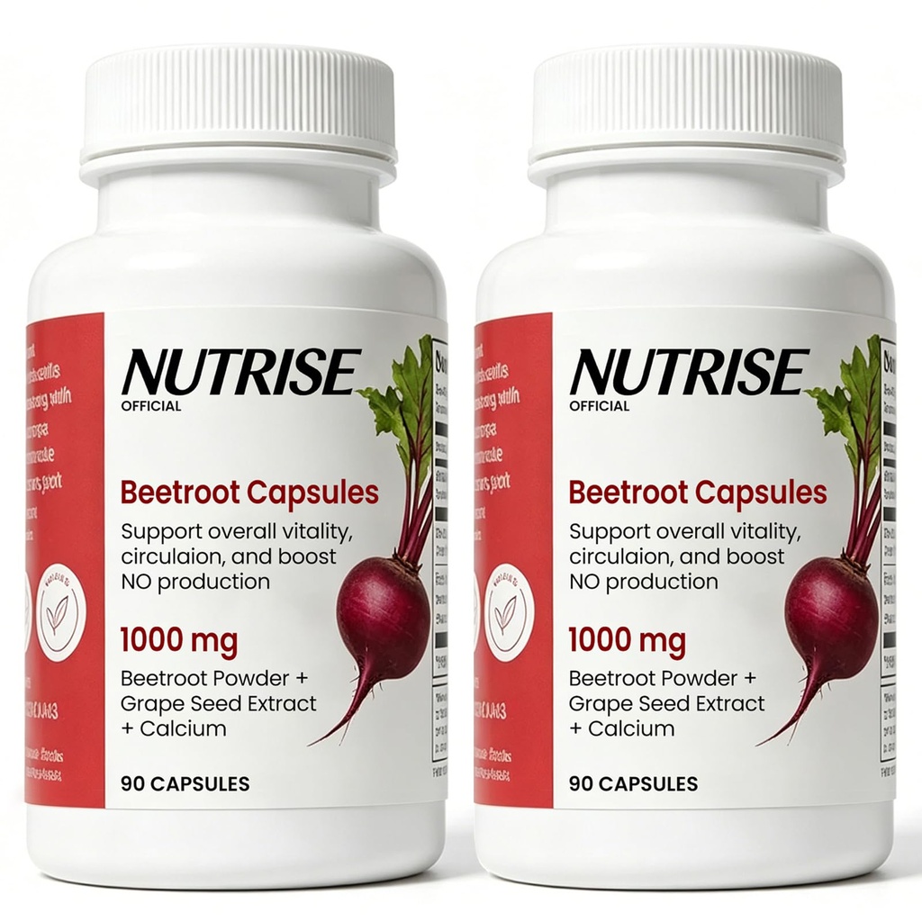 Beetroot Capsules, Beetroot Circulation | 3 in 1 Formula with Beetroot, Grape Seed & Calcium | Healthy Circulation & Vitality | Non-GMO, Vegan - 90 Counts (2 Bottle)