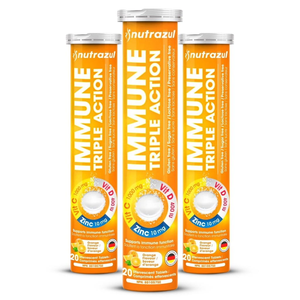 fındık Immune Triple Action Effervescent Tablet-1000 mg C, Vitamin D, çinko I Orange 20's (Pack of 3) I Gluten Free, Sugar Free, Lactose Free & Preservative Free I Keeps Immune Function