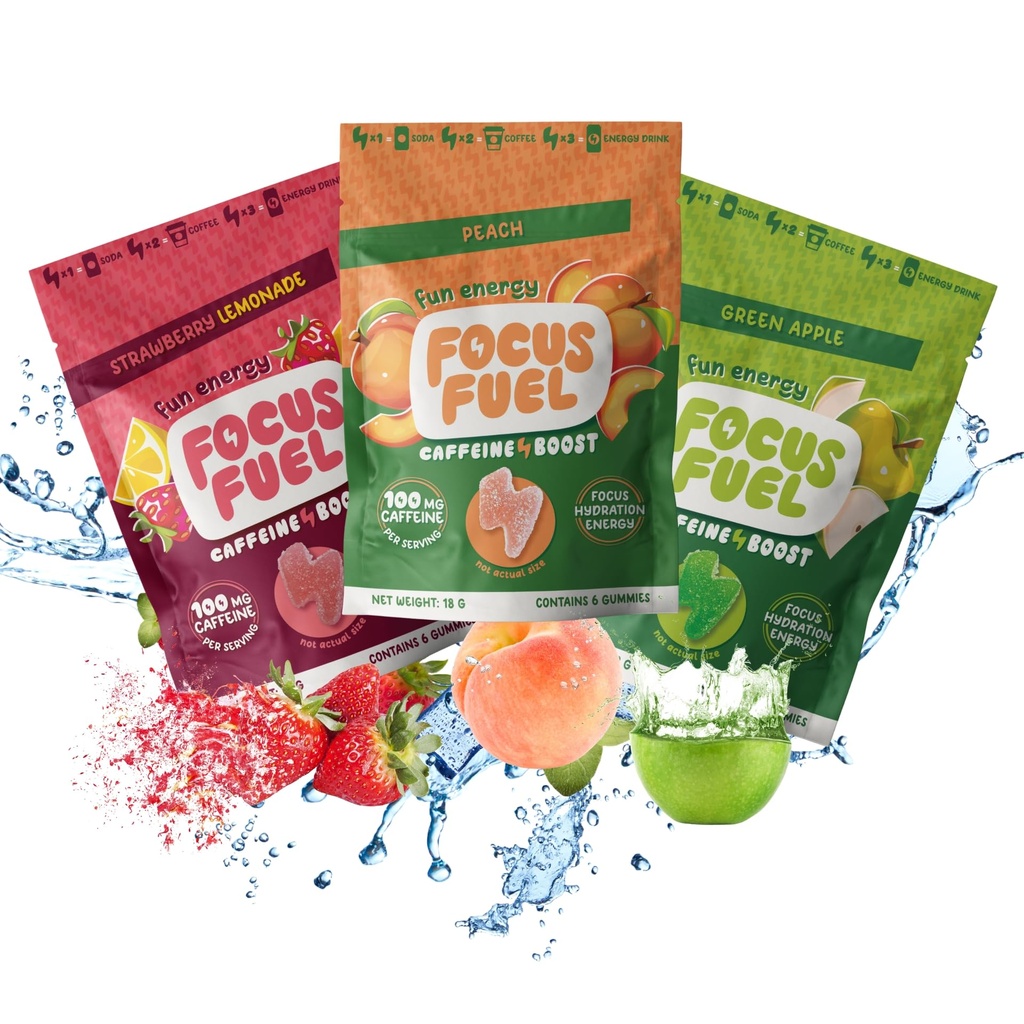 FocusFuel Energy Chews – Trial Size Variety Sample Pack (9 Servings) – 100mg Caffeine + Alpha GPC + L-Theanine + B12, Magnesium – Peach, Green Apple, Strawberry Lemonade Flavors – No Crash or Jitters