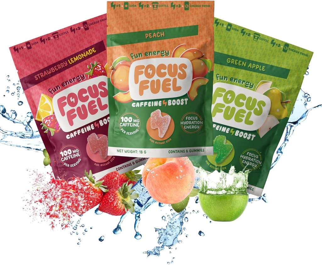 FocusFuel Energy Chews – Trial Size Variety Sample Pack (9 services) – 100mg καφεΐνη + Alpha GPC + L-Θεανίνη + B12, Μαγνήσιο – Ροδάκινο, Πράσινο μήλο, φράουλα Λεμονάδα Γεύσεις – Δεν συντριβή ή Jitters
