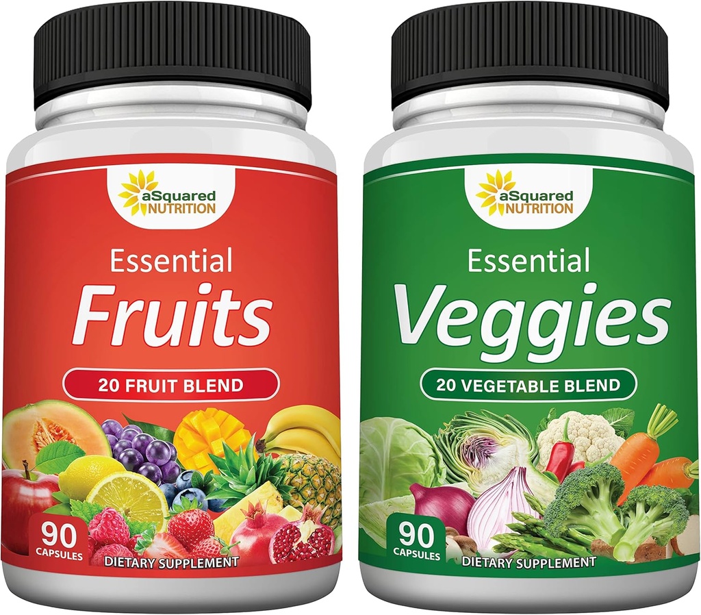 ASquared Beslenme Meyveleri ve Veggies Supplement - 90 Veggie & 90 Meyve Kapsülleri - Superfood Sebze Yeşilleri Pilleri - Doğanın Toz ve Gummies Alternatifleri