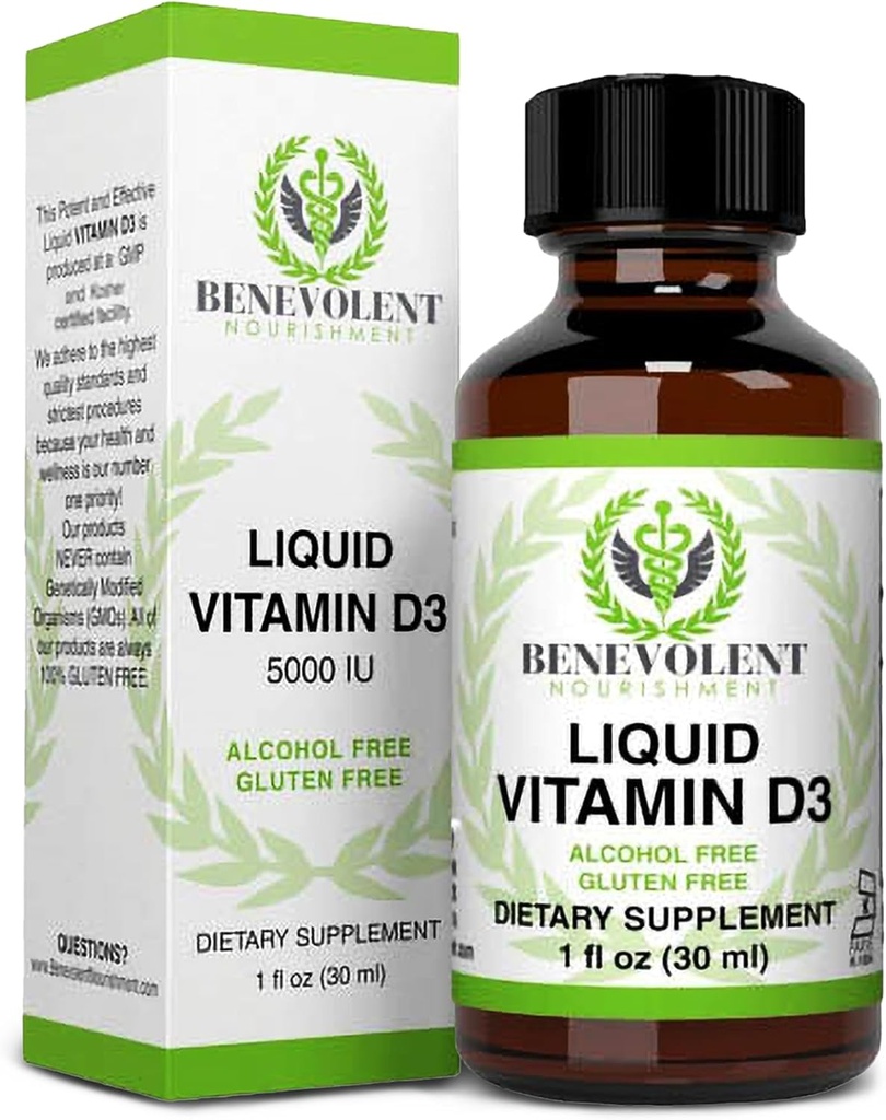 Ievolent Nourishment Vitamin D3 Drops 5000 IU - Potent & Etkili 1000 I per Drop - Fast Absorbing Liquid Diyetary Supplement - 100% Alkol & Gluten Ücretsiz