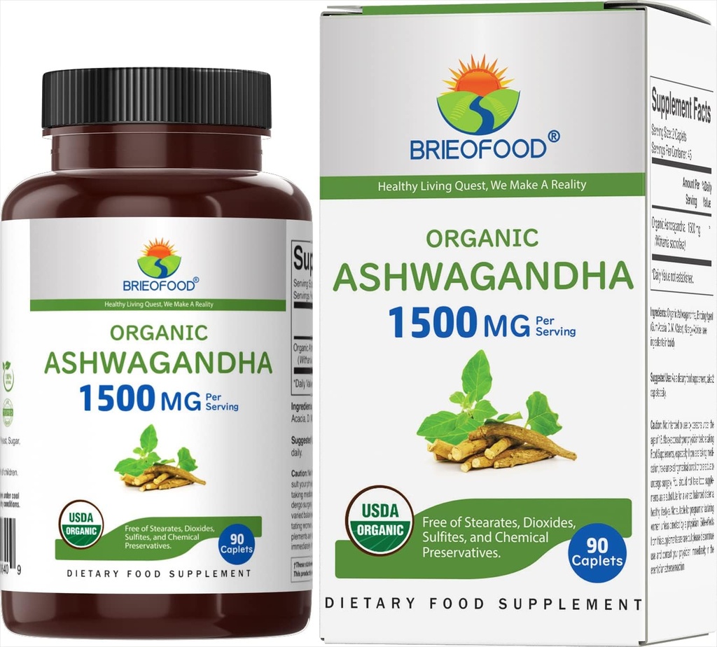 Brieofood Organic Ashwagandha 1500mg, 45 μερίδες, χορτοφαγικά, χωρίς γλουτένη, 90 χορτοφαγικά δισκία
