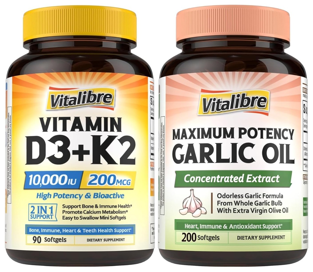 Vitalibre D3 K2 (10,000 IU / 200 mcg MK7) + Odorless Garlic Oil Bundle – Heart, Immune & Mood Support, Enhanced Absorption, Antioxidant Defense – Non-GMO, No Soy, No Gluten – 90 + 200 Softgels