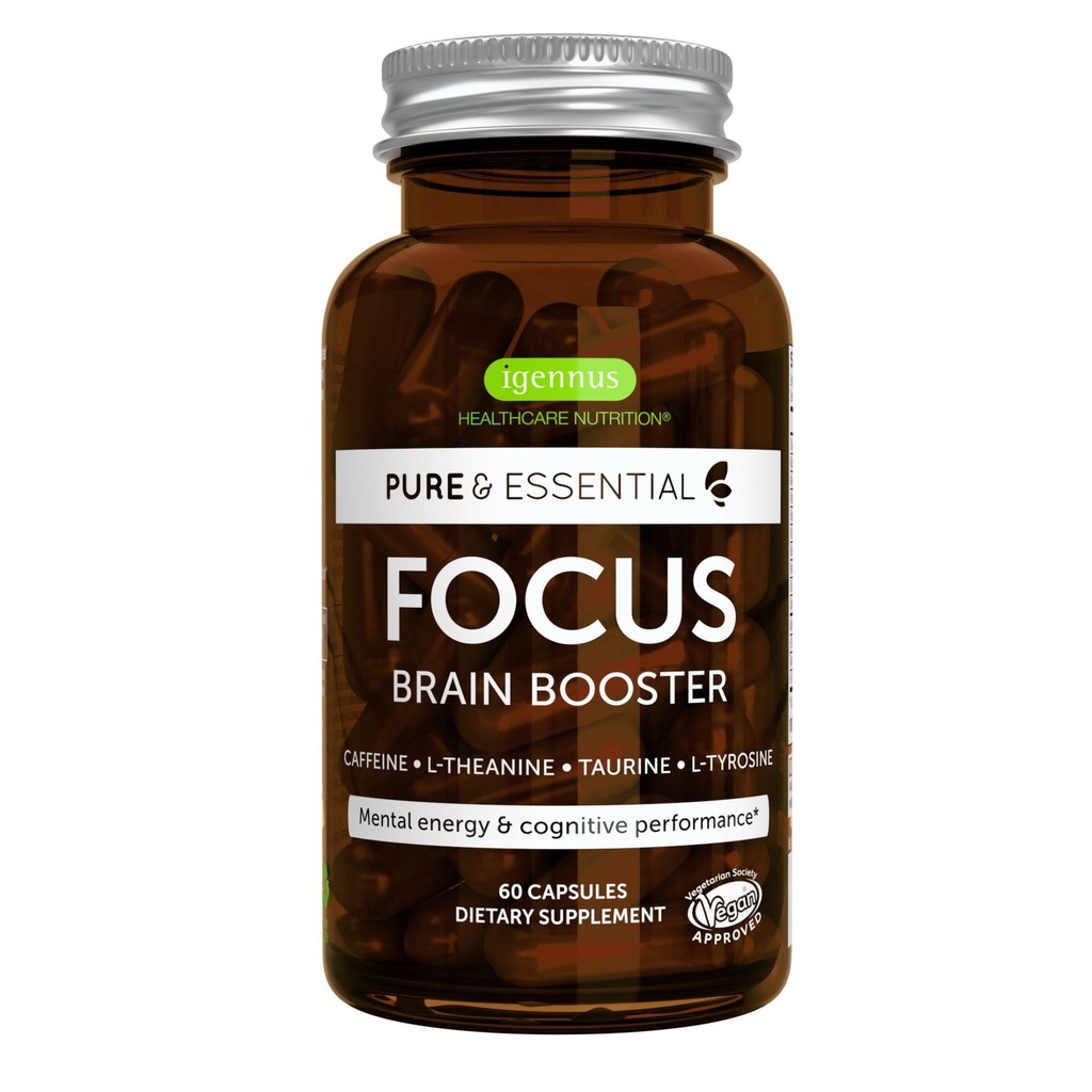 Igennus Focus - Nootropic με 200mg Φυσική καφεΐνη, μεθυλιωμένες βιταμίνες Β, L-Θεανίνη, Ταυρίνη, L-Τυροσίνη, Καθαρή Ενέργεια, Εγκέφαλος Booster & Γνωστική Απόδοση, Μη Jittery, 60 Κάψουλες