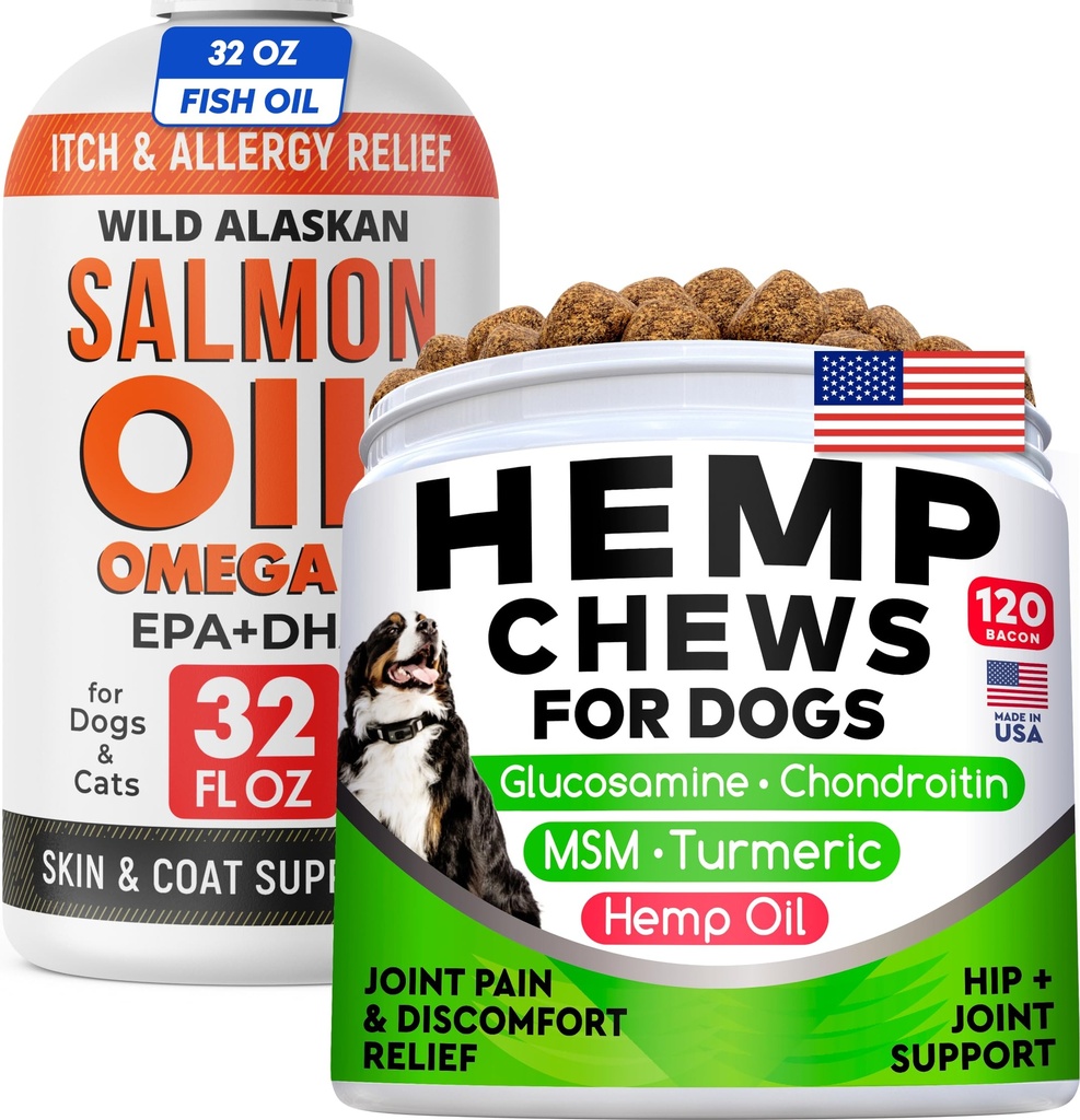 StrellaLab Salmon Oil 32 Oz + Hemp Chews Bundle – Omega 3 for Skin, Coat & Shedding Support + Glucosamine, Hemp, MSM & Turmeric for Hip & Joint Pain & Mobility – EPA & DHA – Made in USA