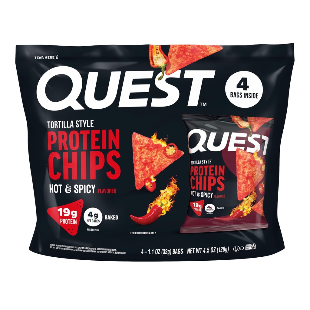 Quest Nutrition Tortilla Style Protein Chips, Hot & Spicy, 19g of Protein, 4g Net Carbs, High Protein, Gluten Free, 1.1 Ounce, 4 count