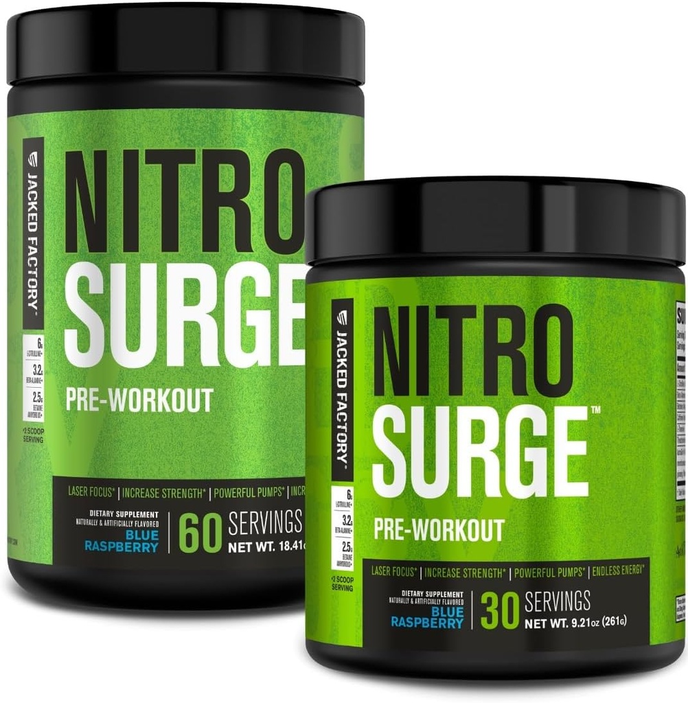Jacked Factory NITROSURGE Pre Workout Supplement - Energy Branson, Instant Strength Records, Clear Focus & Intense Pumps - NO ATM & Güçlü Preworkout Energy Toz - 90 Hizmet, Blue Raspberry