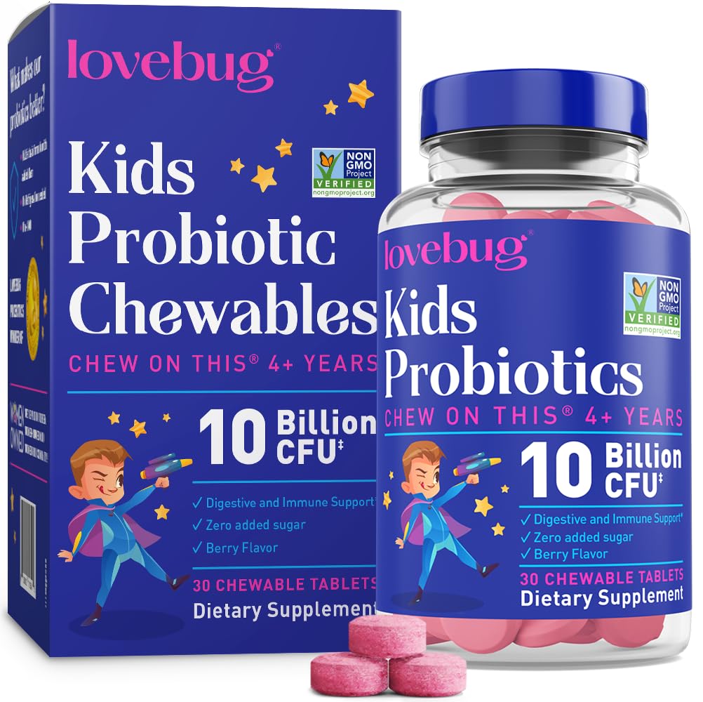 Çocuklar için LOVEBUG Probiyotikleri - Probiyotik Chewables with Prebiyotik Fiber for Age 4+,Daily Children's Gut Health & Digestive Support Supplement, Sugar-Free Berry Flavor, 30 Count