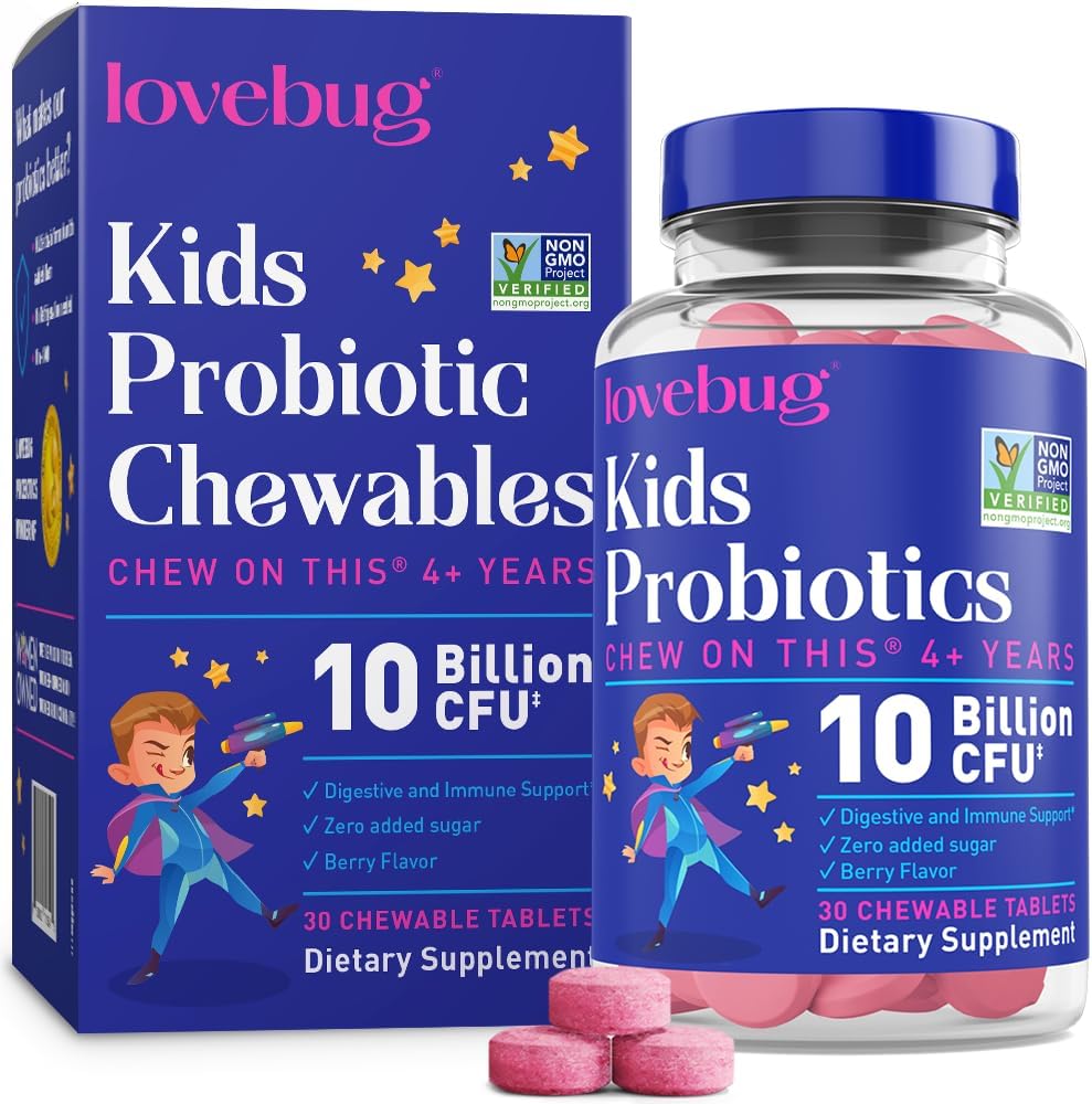 Çocuklar için LOVEBUG Probiyotikleri - Probiyotik Chewables with Prebiyotik Fiber for Age 4+,Daily Children's Gut Health & Digestive Support Supplement, Sugar-Free Berry Flavor, 30 Count