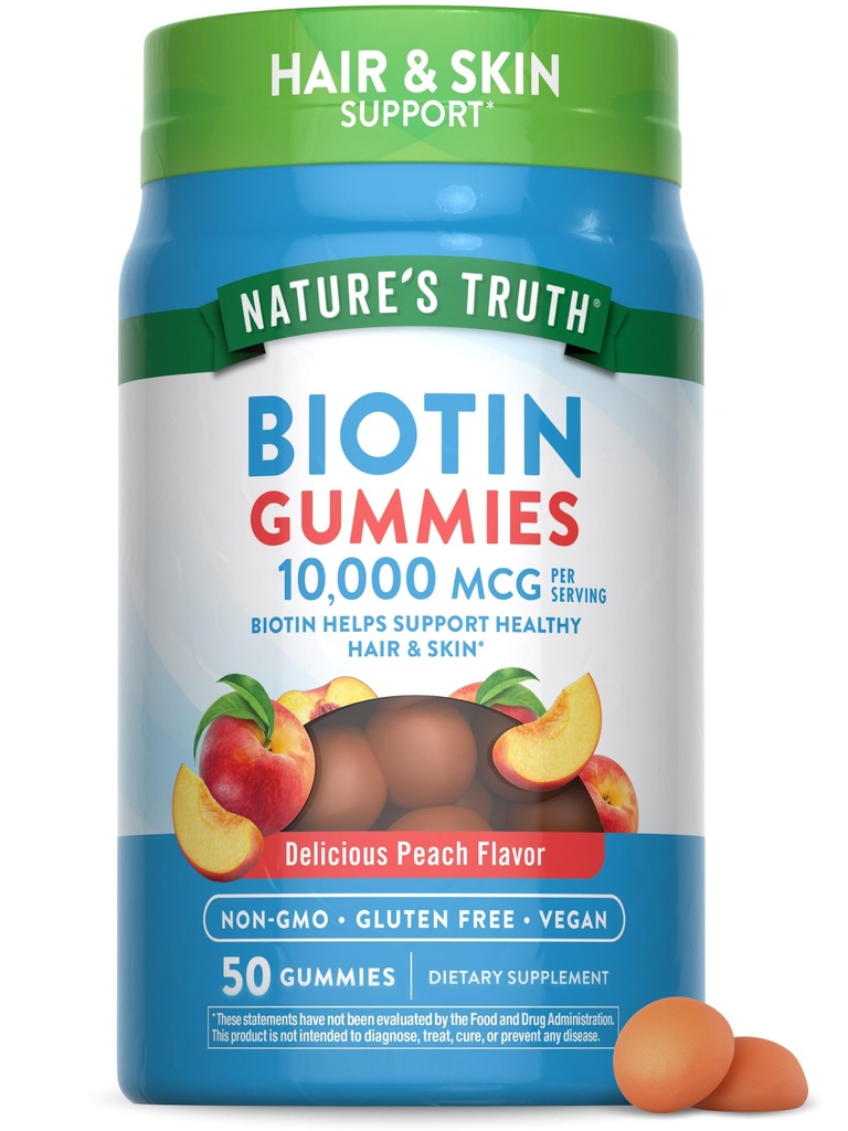 Nature's Truth Biotin Gummies | 1000006 | 50 Kont | Vegan, Non-GMO & Gluten Free Supplement | Peach Flavor