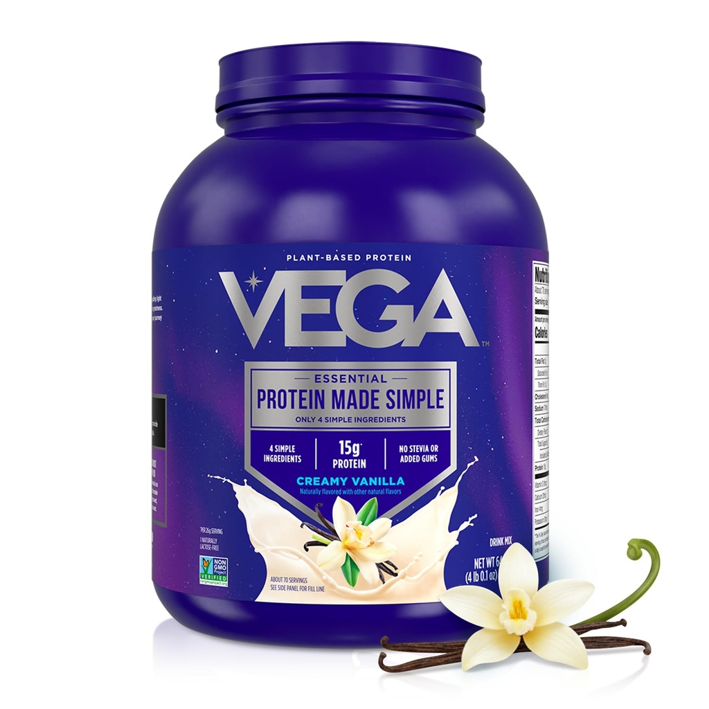 Vega Protein Made Simple Vanilla XL Value Tub (70 Servings) Stevia Free Vegan Protein Powder, Plant Based, Healthy, Gluten Free, Pea Protein for Women and Men, 4.01lbs