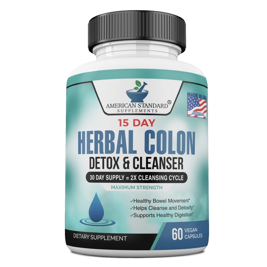 American Standard Συμπληρώματα Cleanse Colon - 60 κάψουλες Veggie, 30 Σερβιέτες – Βότανο ανάμειξη με Psyllium Husk, Senna φύλλα, Αλόη Βέρα, Τζίντζερ, Cascara Sagrada & More