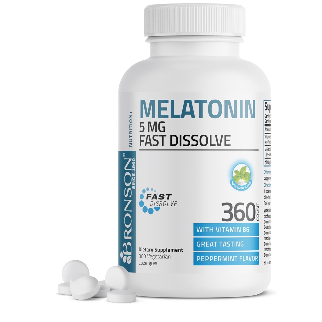 Bronson Melatonin 5 mg Fast Dissolve Peppermint Tabletleri B6 - Rahatlama, 360 Vegetarian Chewable Lozenges