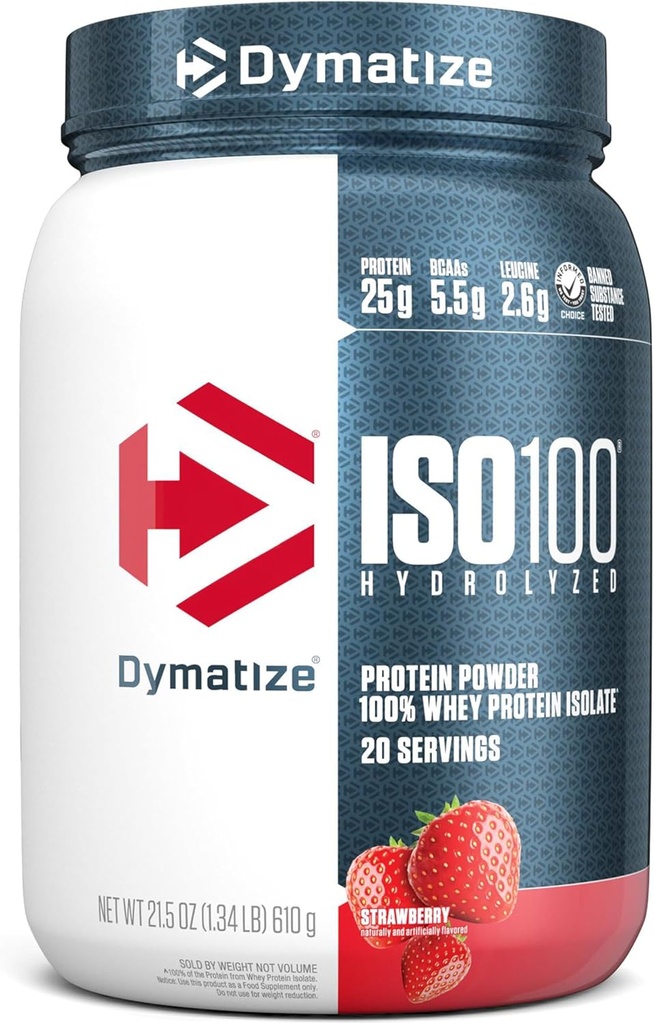 Dymatize ISO100 Whey Protein Powder Isolate, Φράουλα, 25g πρωτεΐνης, 5.5g BCAAs, λιγότερο από 120 Cal., Χωρίς γλουτένη, 1g λίπος, 1g ζάχαρη, 2g υδατανθράκων (20 σερβίτσια)