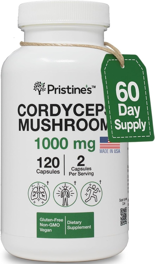 κάψουλες μανιταριών PRISTINE'S Cordyceps - 60 ημέρες προσφοράς 1000 MG - Αθλητική απόδοση, αντοχή και ανοσία συμπλήρωμα προσαρμογών - Αντι γήρανση υποστήριξη Αντιοξειδωτικό