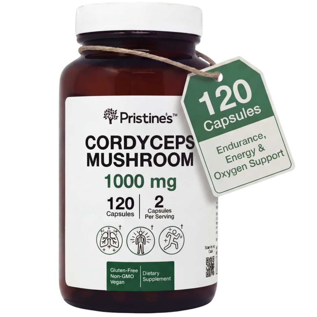 PRISTINE'S Cordyceps Mushroom Capsules - 60 Day Supply 1000 MG - Athletic Performance, Endurance & Immunity Adaptogen Supplement - Anti Aging Support Antioksit