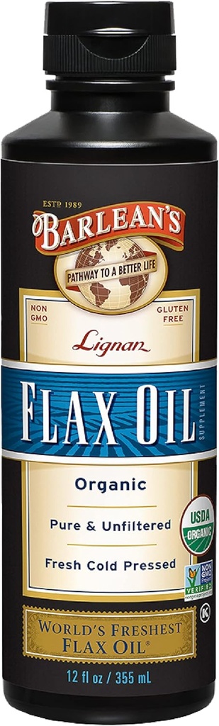 Barlean's Organic Lignan Flaxseed Oil Liquid Supplement from Cold Pressed Flax Tohums, 7,230 mg ALA Omega-3 Fatty Acids for Health Hair, Skin, and Eyes, Gluten Free, 12 oz