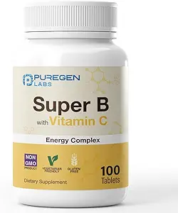 Puregen Labs Super B Energy Complex with Vitamin C - Ανοσοποιητική Υγεία, Ενέργεια & Νευρικό Σύστημα Υποστήριξη - Μη ΓΤΟ, Χωρίς Γλουτένη 3 Συσκευασία – Σύνολο 300 Δισκίων